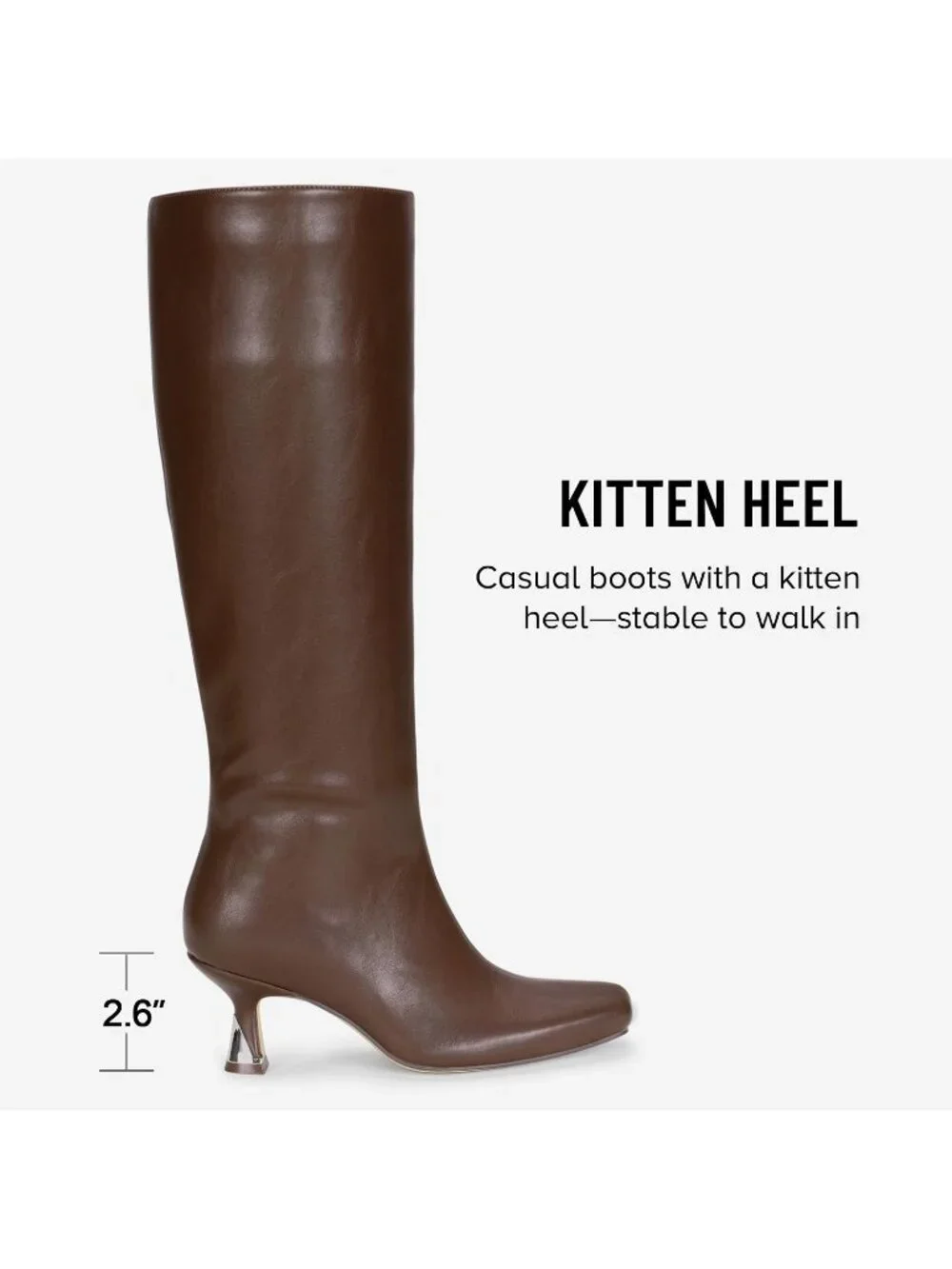 Women's Brown Square Toe Kitten Low Heel with Zipper Tall Dress Knee High Boots